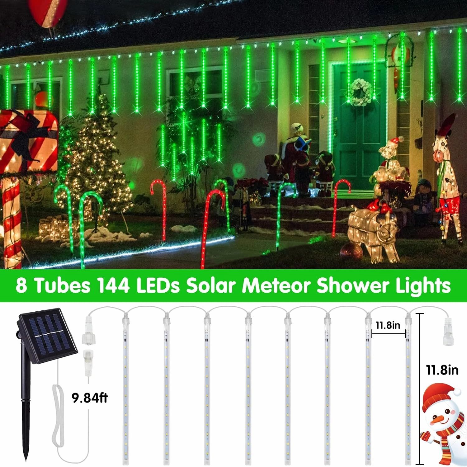 JMEXSUSS Green Solar Meteor Shower Rain Lights, 8 Tube 144 LEDs St Patricks Day Solar Lights Outdoor, Christmas Lights for St Patricks Day Decorations