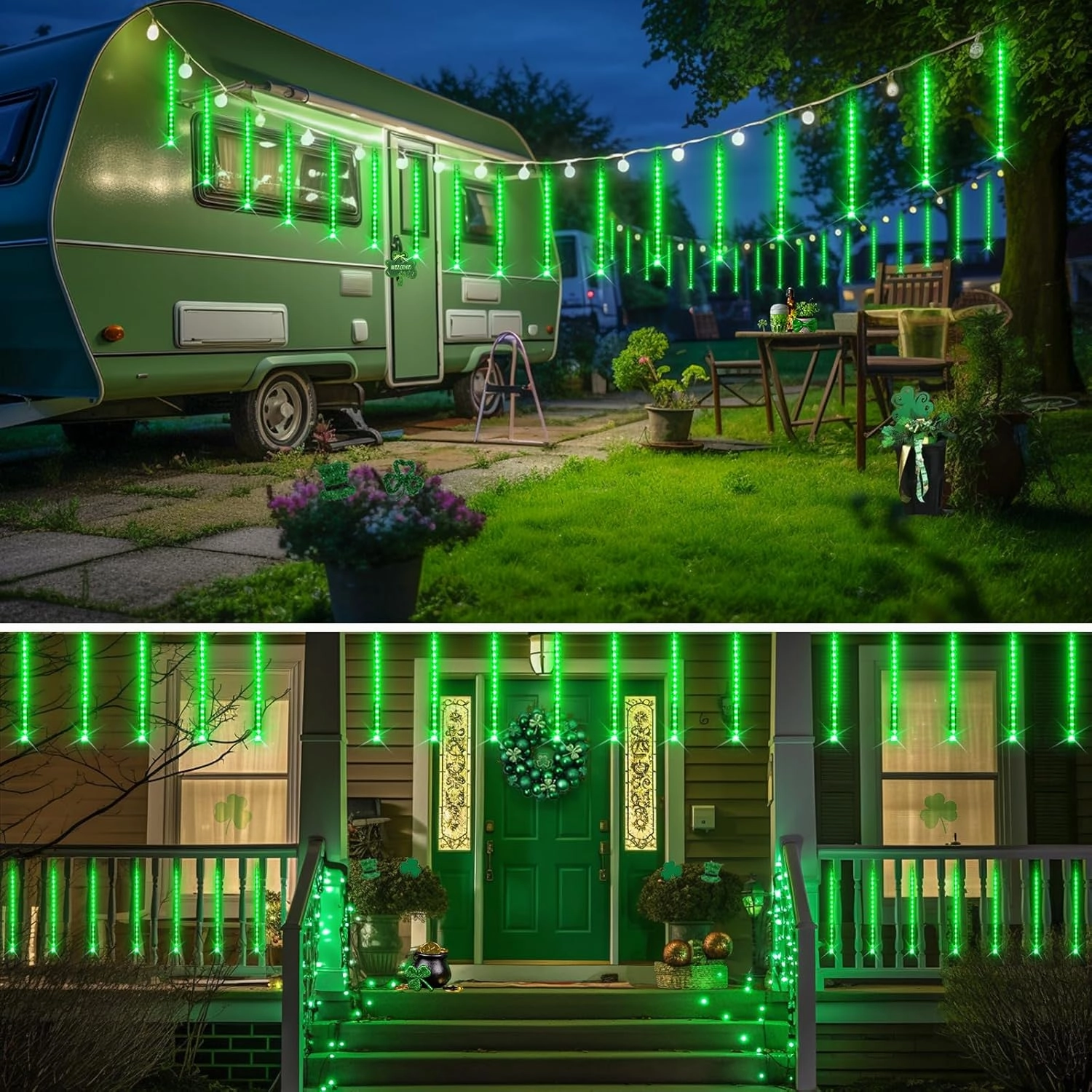 JMEXSUSS Green Solar Meteor Shower Rain Lights, 8 Tube 144 LEDs St Patricks Day Solar Lights Outdoor, Christmas Lights for St Patricks Day Decorations