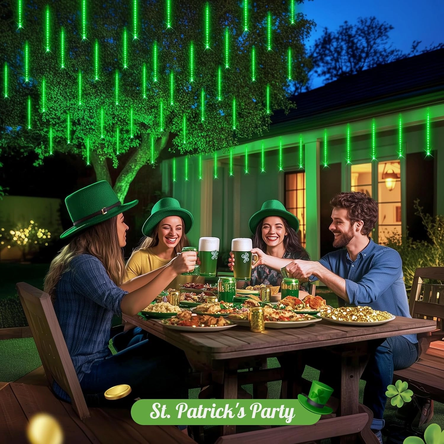 JMEXSUSS Green Solar Meteor Shower Rain Lights, 8 Tube 144 LEDs St Patricks Day Solar Lights Outdoor, Christmas Lights for St Patricks Day Decorations