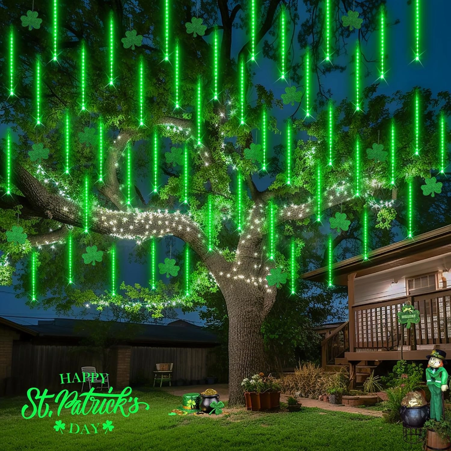 JMEXSUSS Green Solar Meteor Shower Rain Lights, 8 Tube 144 LEDs St Patricks Day Solar Lights Outdoor, Christmas Lights for St Patricks Day Decorations