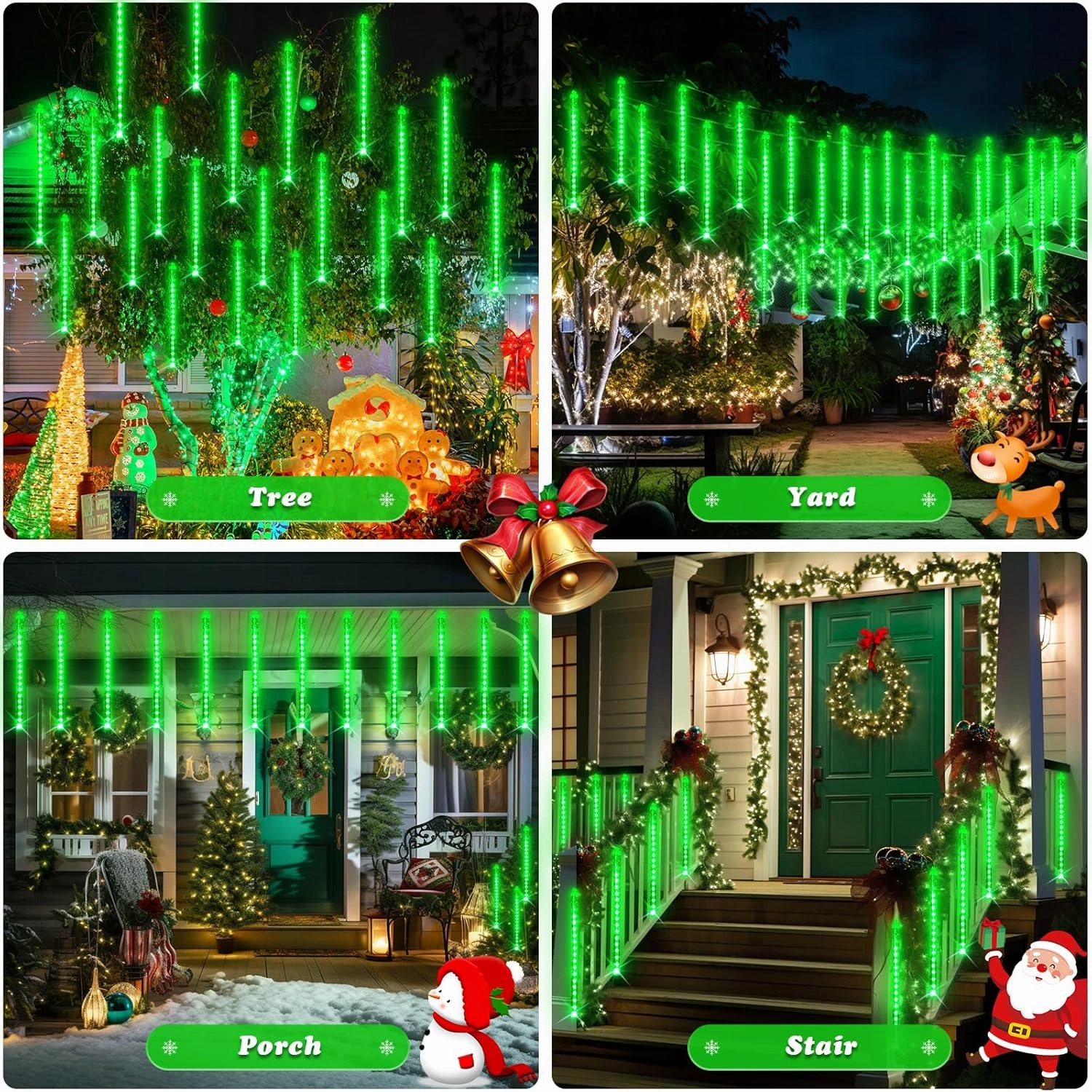 JMEXSUSS Green Solar Meteor Shower Rain Lights, 8 Tube 144 LEDs St Patricks Day Solar Lights Outdoor, Christmas Lights for St Patricks Day Decorations