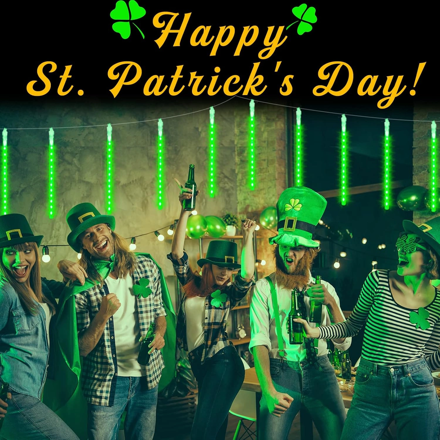 JMEXSUSS Green Solar Meteor Shower Rain Lights, 8 Tube 144 LEDs St Patricks Day Solar Lights Outdoor, Christmas Lights for St Patricks Day Decorations