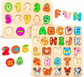 JoyCat Wooden Alphabet & Number Puzzles for Toddlers 1-3, Animal Fruit Vegetable Montessori ABC Learning Toy, Gifts for 1 2 3 4 5 Year Old Boy Girl, Preschool Learning Activities