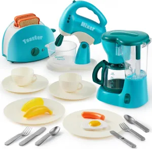 Joyin Play Kitchen Toys, Pretend and Play Food Kitchen Accessories GirlsToy with Coffee Maker, Mixer, Toaster with Realistic Lights& Sounds, Birthday Gift for Kids Ages 2 3 4 5, Blue