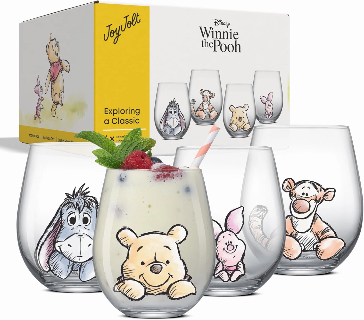 JoyJolt Disney Winnie the Pooh Exploring a Classic Stemless Drinking Glasses, 19oz Glass Cups ft Pooh Bear Tigger Piglet Eeyore, Kitchen Glassware Set of 4, Winnie the Pooh Adult Gifts