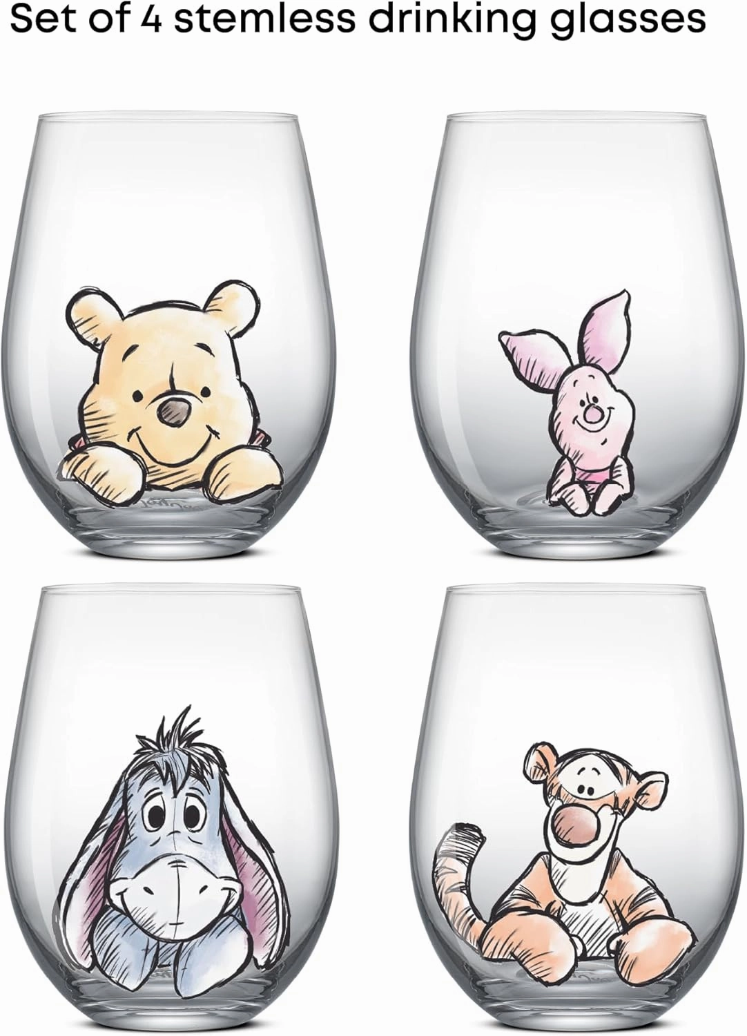 JoyJolt Disney Winnie the Pooh Exploring a Classic Stemless Drinking Glasses, 19oz Glass Cups ft Pooh Bear Tigger Piglet Eeyore, Kitchen Glassware Set of 4, Winnie the Pooh Adult Gifts