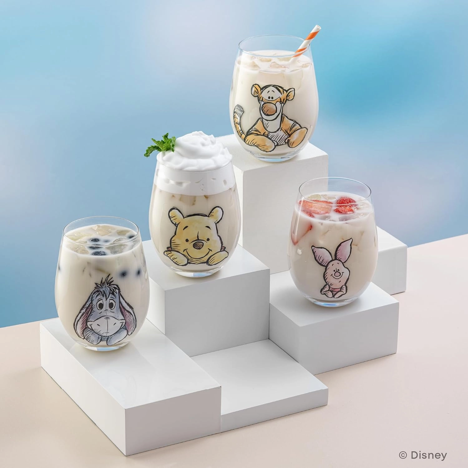 JoyJolt Disney Winnie the Pooh Exploring a Classic Stemless Drinking Glasses, 19oz Glass Cups ft Pooh Bear Tigger Piglet Eeyore, Kitchen Glassware Set of 4, Winnie the Pooh Adult Gifts