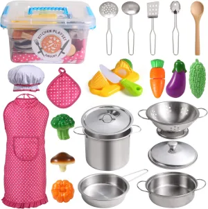 Juboury Kitchen Pretend Play Toys with Stainless Steel Cookware Pots and Pans Set, Cooking Utensils, Apron & Chef Hat, Cutting Vegetables for Kids, Girls, Boys, Toddlers