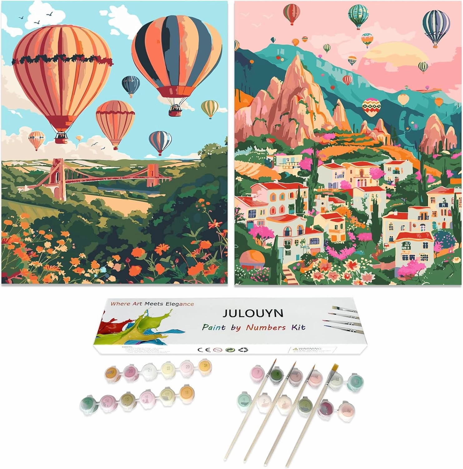 JULOUYN 2 Pack Paint by Numbers Kit for Adults, Hot Air Balloon Easy Adult Paint by Number Kits On Canvas, Painting by Numbers for Beginner Gift Home Decor 16x20 in