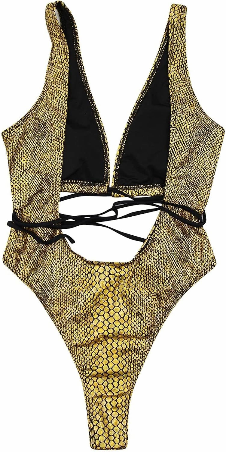 JUMISEE Women Rave Holographic Snakeskin Wrap Swimsuit Sexy Strappy Backless Bathing Suit