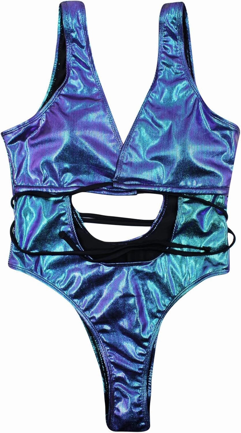 JUMISEE Women Rave Holographic Snakeskin Wrap Swimsuit Sexy Strappy Backless Bathing Suit