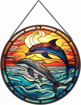 Jumping Dolphin Pattern Suncatcher Stained Glass,Hanging Stained Glass for Windows,20cm/7.87inch Sun Catcher Garden Hangings Ornaments Halloween Fall Christmas Decor for Home