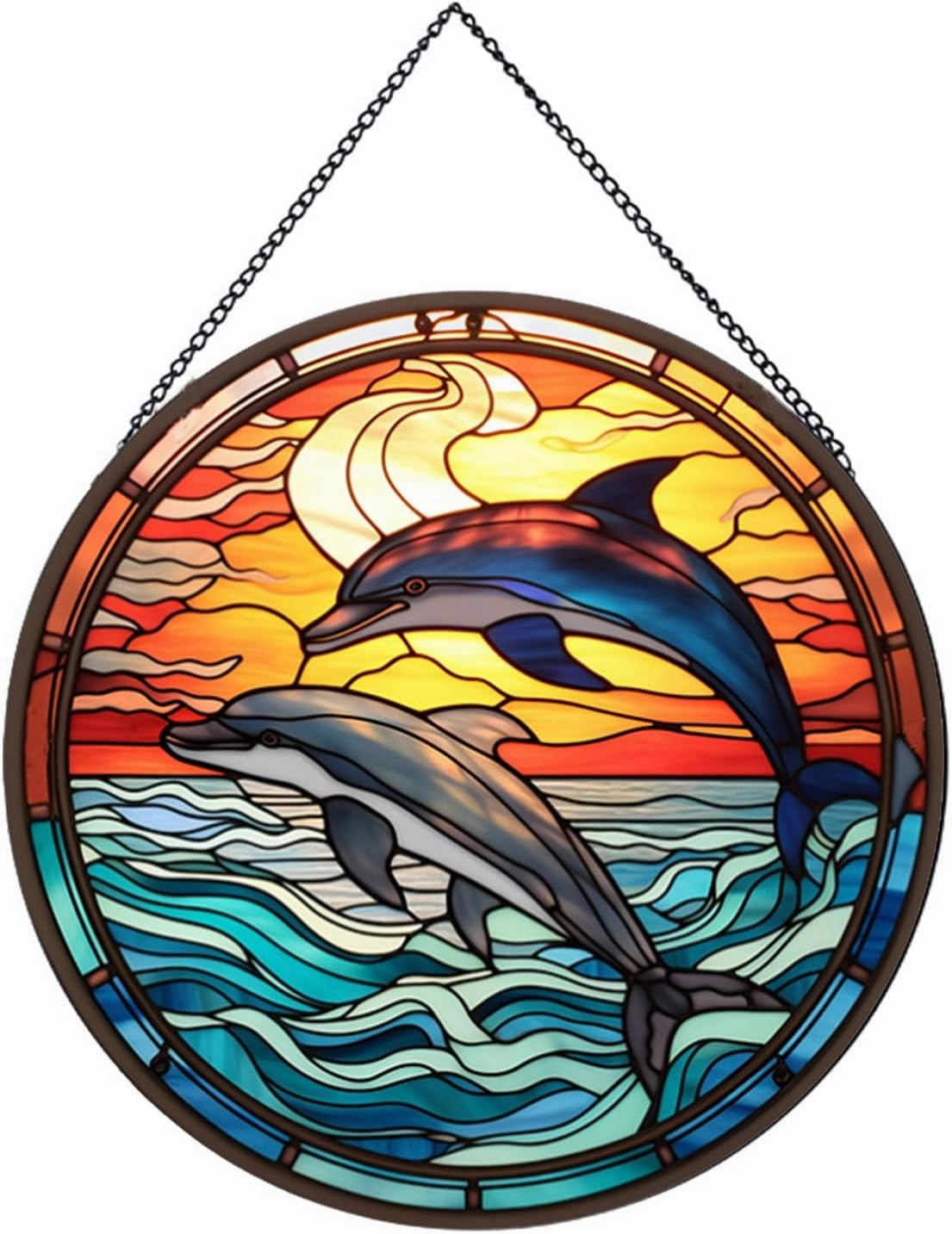 Jumping Dolphin Pattern Suncatcher Stained Glass,Hanging Stained Glass for Windows,20cm/7.87inch Sun Catcher Garden Hangings Ornaments Halloween Fall Christmas Decor for Home