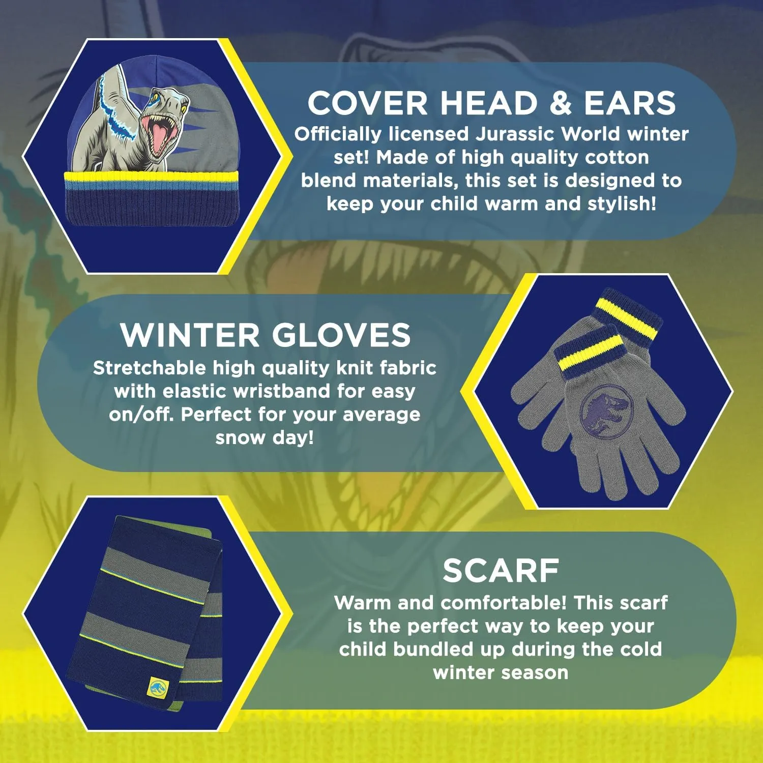 Jurassic World Kids Winter Hat Scarf and Snow Gloves for Boys Set Classic T-Rex Graphic Warm and Soft Accessories