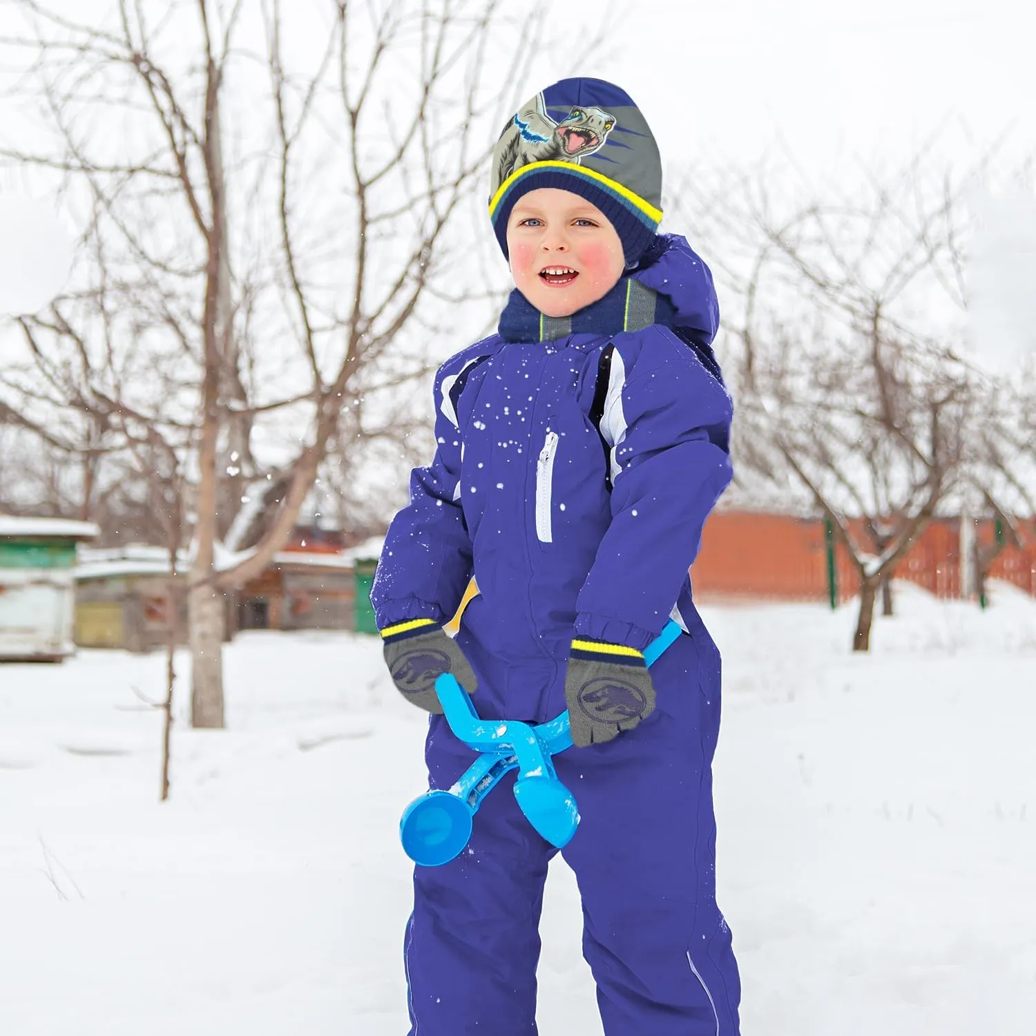 Jurassic World Kids Winter Hat Scarf and Snow Gloves for Boys Set Classic T-Rex Graphic Warm and Soft Accessories