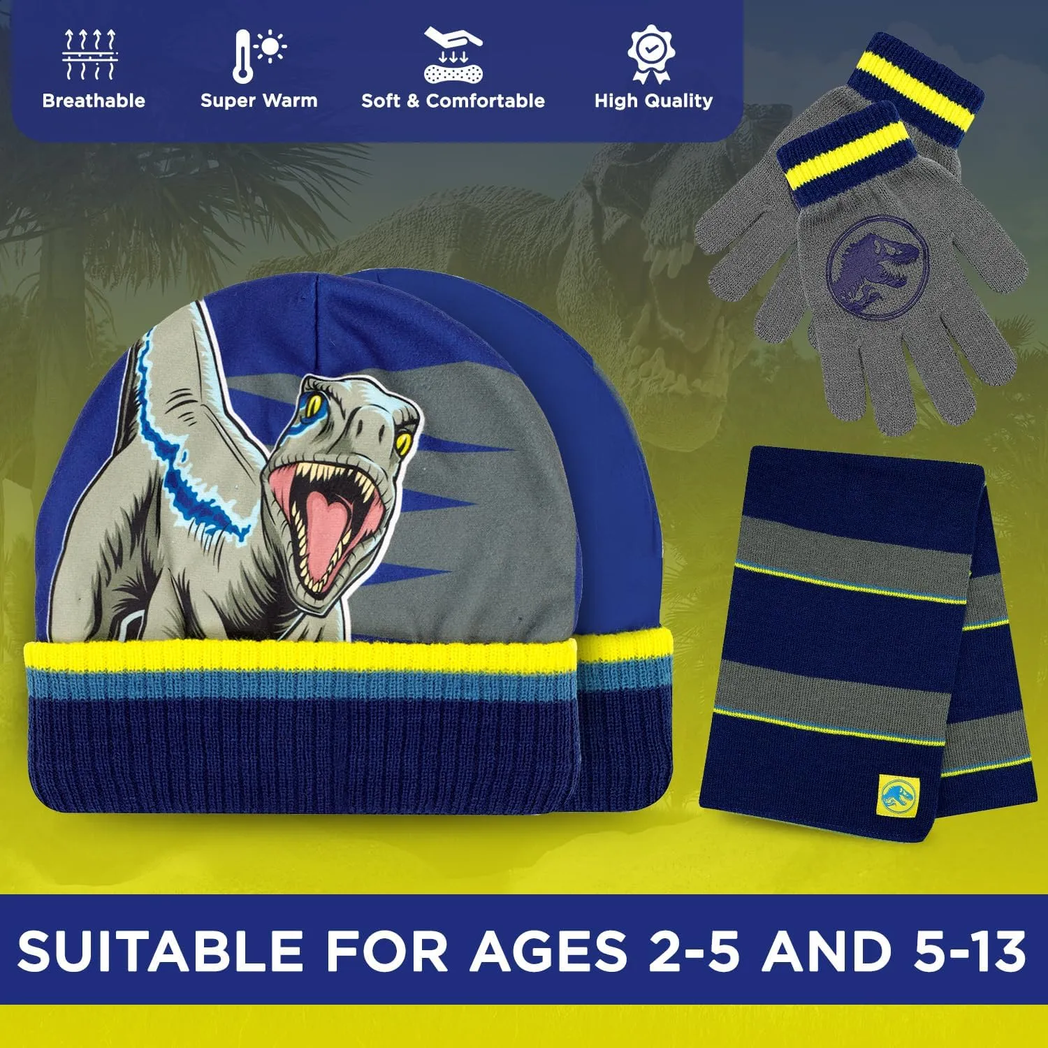 Jurassic World Kids Winter Hat Scarf and Snow Gloves for Boys Set Classic T-Rex Graphic Warm and Soft Accessories