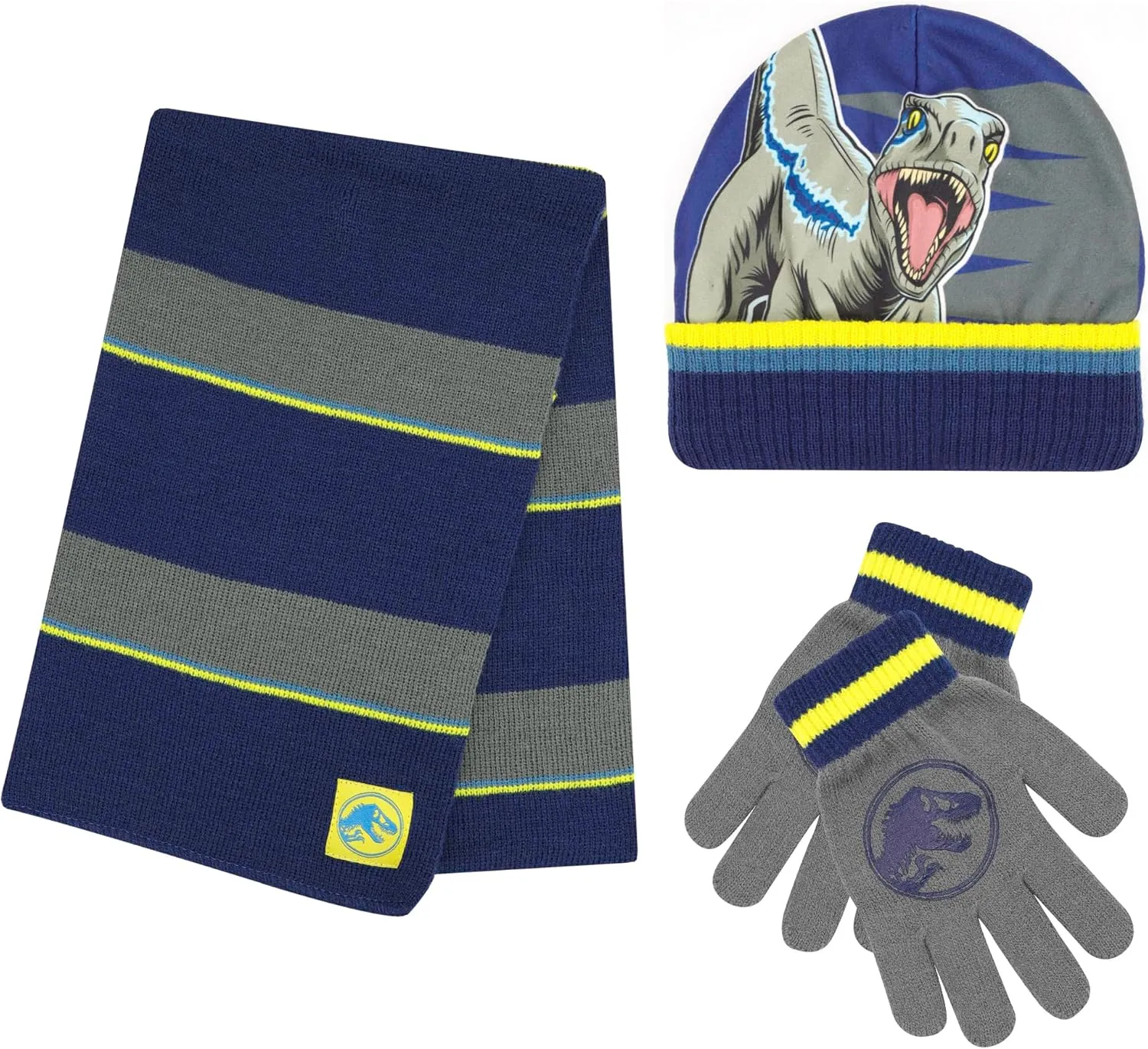 Jurassic World Kids Winter Hat Scarf and Snow Gloves for Boys Set Classic T-Rex Graphic Warm and Soft Accessories