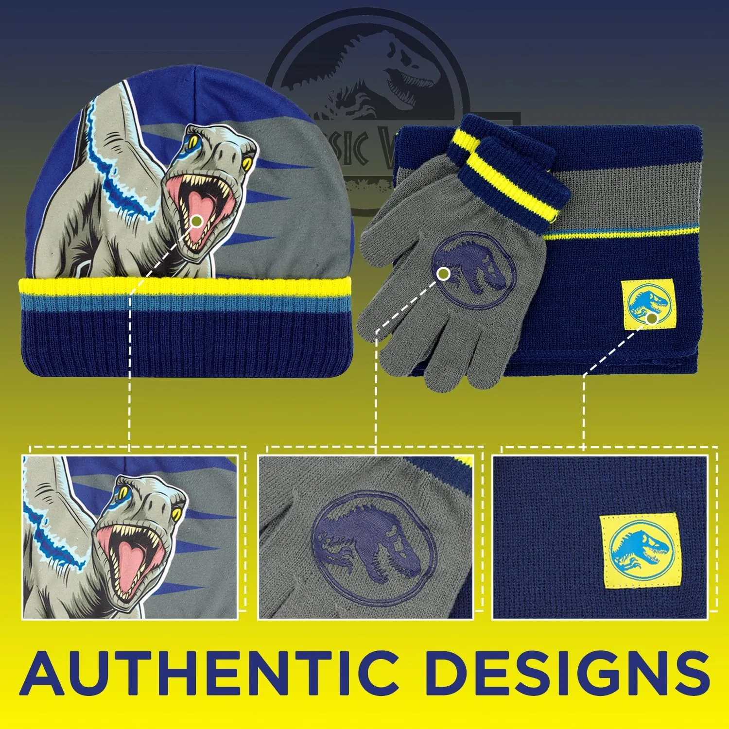 Jurassic World Kids Winter Hat Scarf and Snow Gloves for Boys Set Classic T-Rex Graphic Warm and Soft Accessories