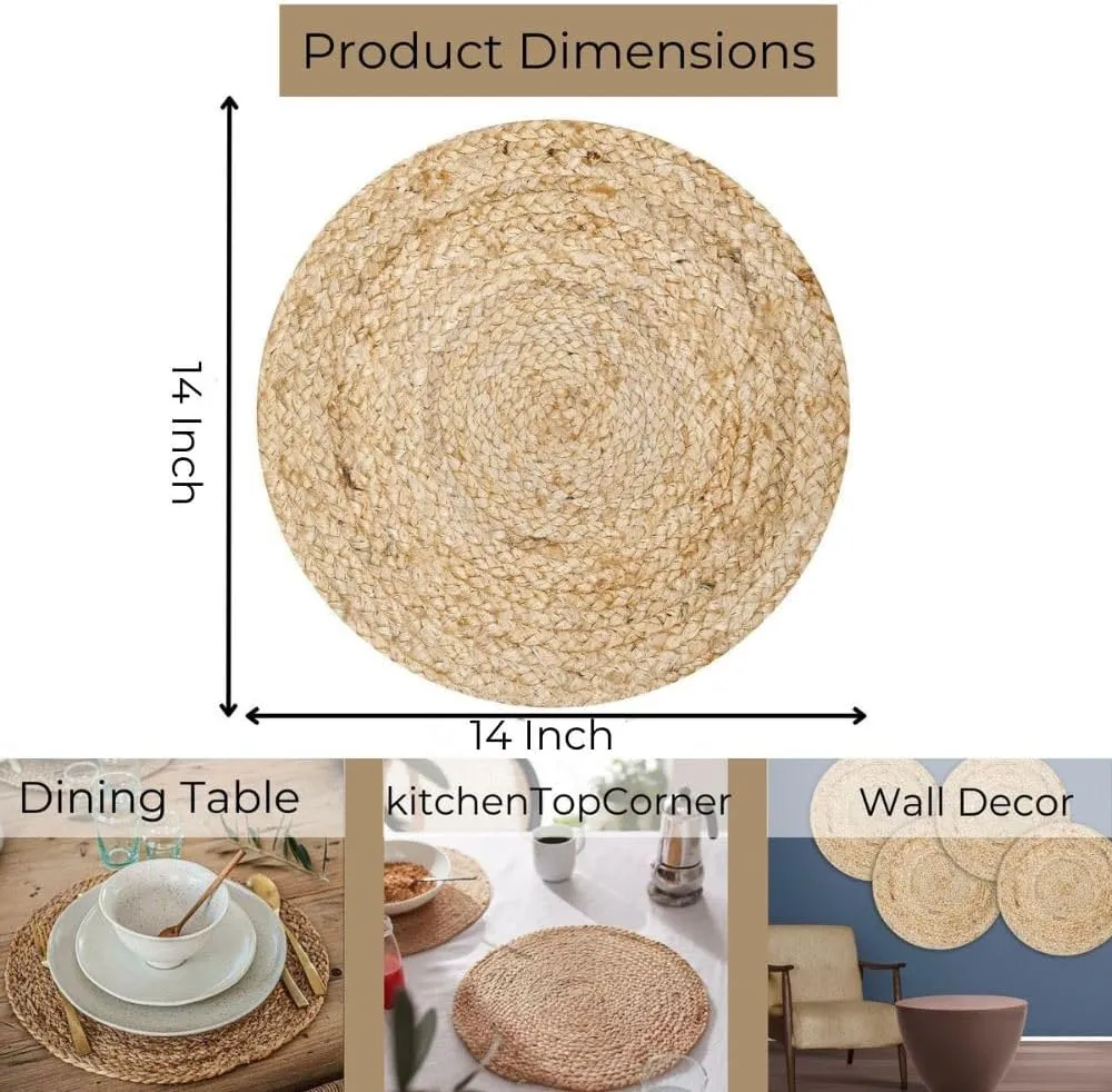 Jute Hand Braided Placemats Set of 4 | 14 Inches Artistic Square Tablemats for Kitchen Dining Table Top Sustainable Rug Mats & Dinner Table Plate Pads Mates (Beige (Round))