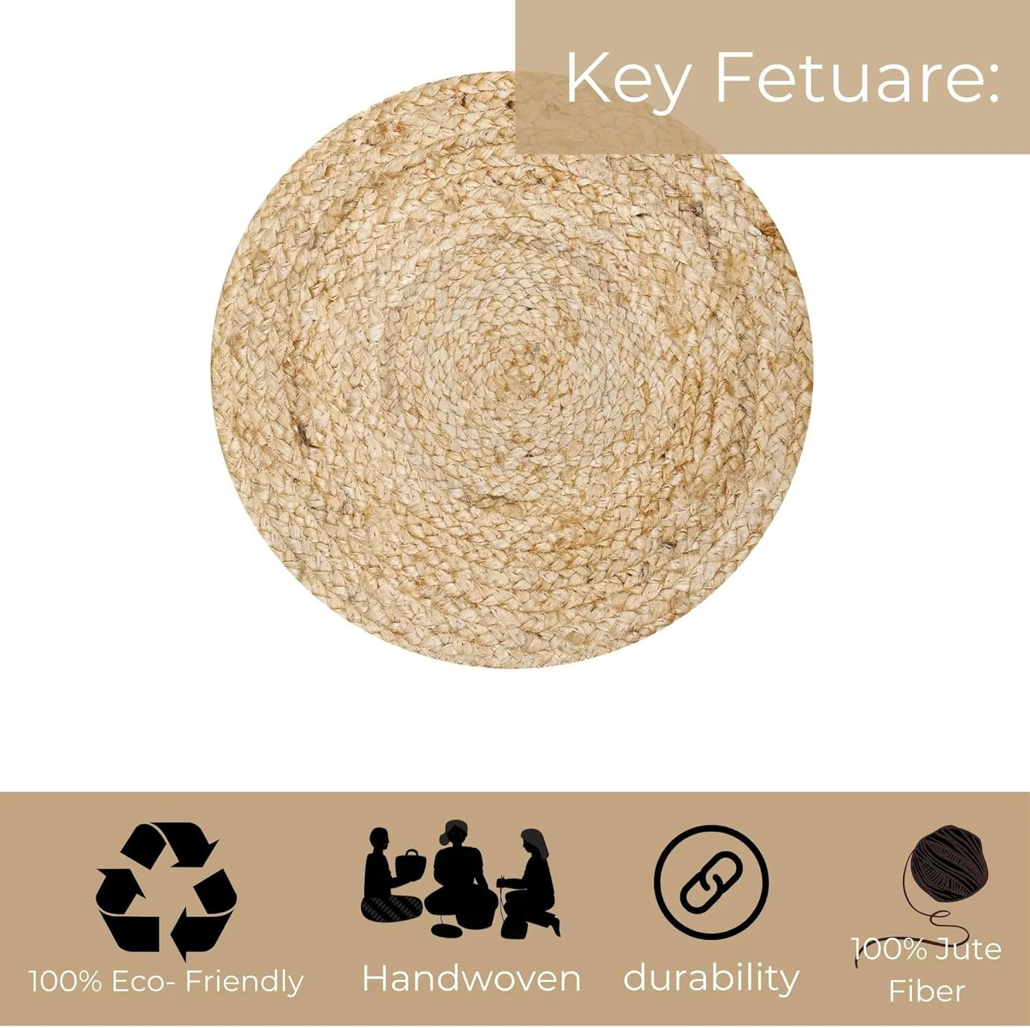 Jute Hand Braided Placemats Set of 4 | 14 Inches Artistic Square Tablemats for Kitchen Dining Table Top Sustainable Rug Mats & Dinner Table Plate Pads Mates (Beige (Round))