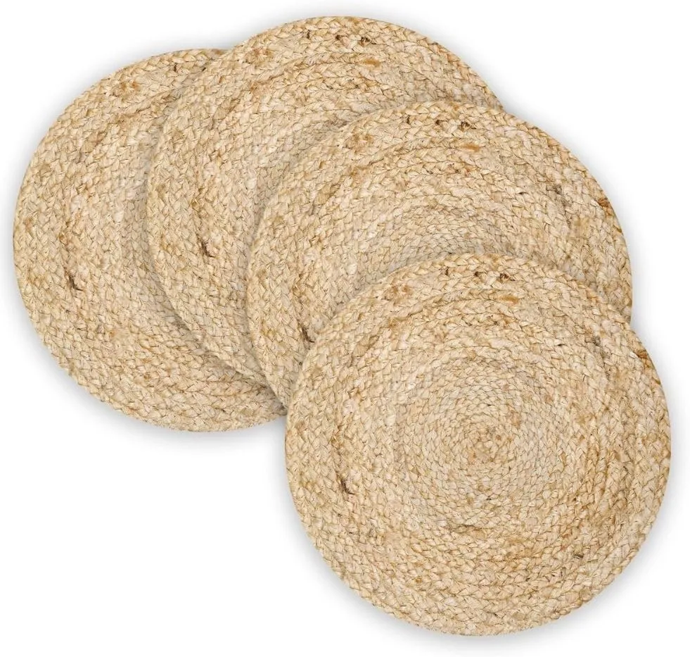 Jute Hand Braided Placemats Set of 4 | 14 Inches Artistic Square Tablemats for Kitchen Dining Table Top Sustainable Rug Mats & Dinner Table Plate Pads Mates (Beige (Round))