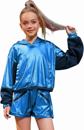 Jxstar Girls Metallic Hoodies Shiny Pullover Long Sleeve Sweatshirts Cropped Top Sparkly Club Wear Rave Disco Dance Outfits