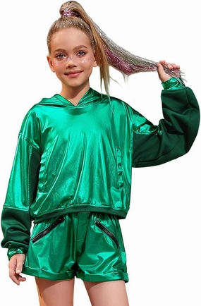 Jxstar Girls Metallic Hoodies Shiny Pullover Long Sleeve Sweatshirts Cropped Top Sparkly Club Wear Rave Disco Dance Outfits