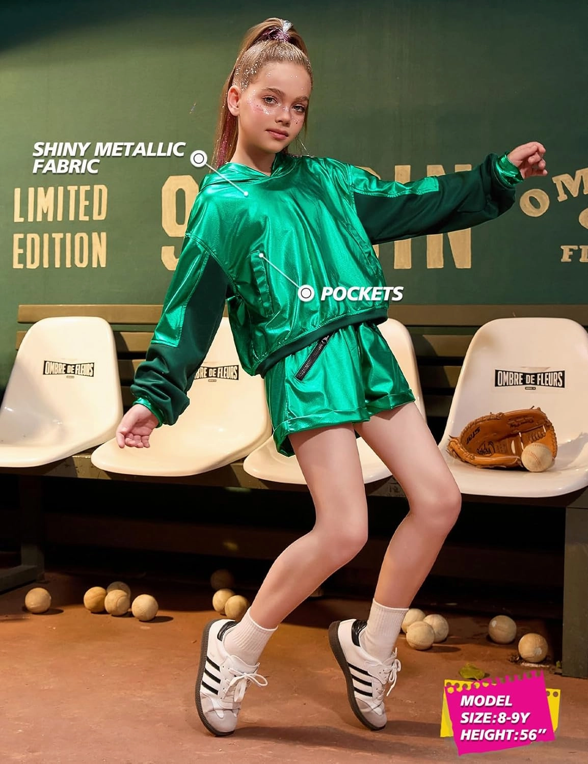 Jxstar Girls Metallic Hoodies Shiny Pullover Long Sleeve Sweatshirts Cropped Top Sparkly Club Wear Rave Disco Dance Outfits
