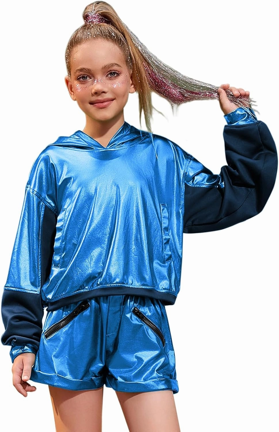 Jxstar Girls Metallic Hoodies Shiny Pullover Long Sleeve Sweatshirts Cropped Top Sparkly Club Wear Rave Disco Dance Outfits