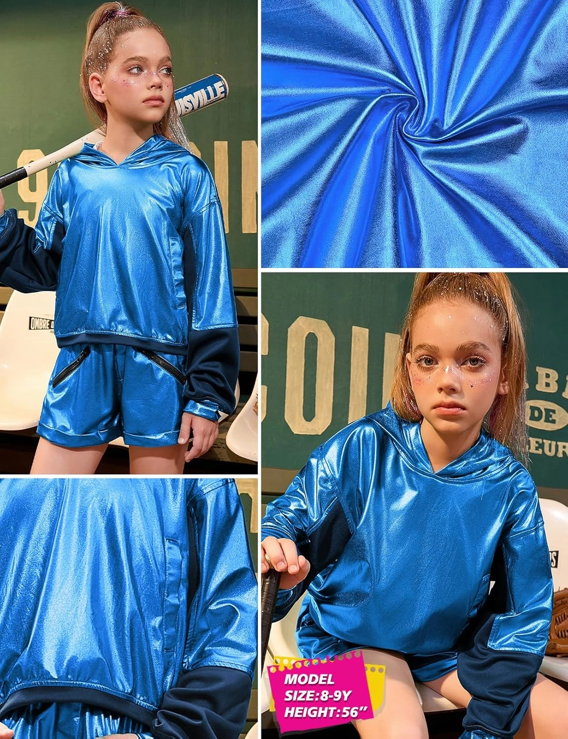 Jxstar Girls Metallic Hoodies Shiny Pullover Long Sleeve Sweatshirts Cropped Top Sparkly Club Wear Rave Disco Dance Outfits