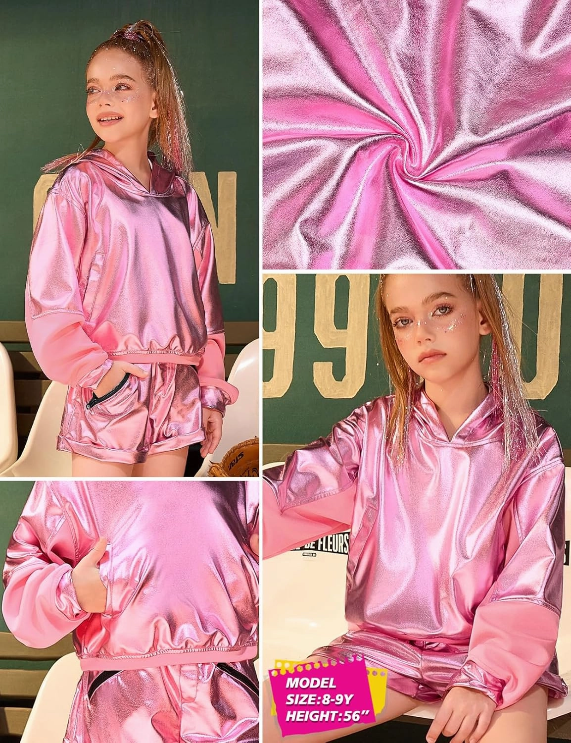 Jxstar Girls Metallic Hoodies Shiny Pullover Long Sleeve Sweatshirts Cropped Top Sparkly Club Wear Rave Disco Dance Outfits