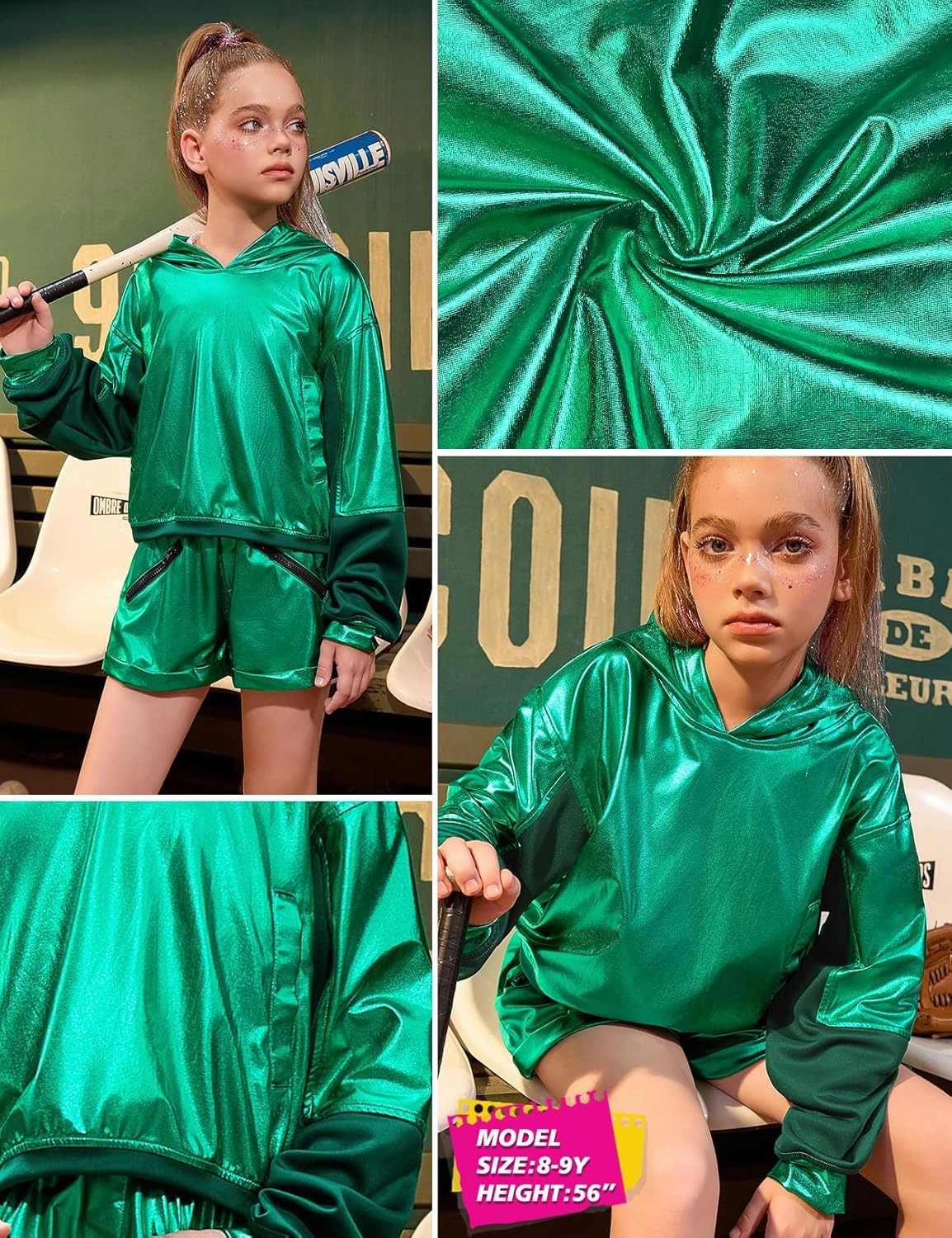Jxstar Girls Metallic Hoodies Shiny Pullover Long Sleeve Sweatshirts Cropped Top Sparkly Club Wear Rave Disco Dance Outfits