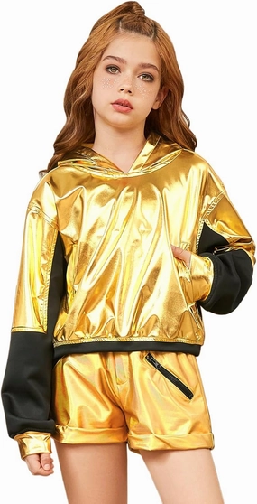 Jxstar Girls Metallic Hoodies Shiny Pullover Long Sleeve Sweatshirts Cropped Top Sparkly Club Wear Rave Disco Dance Outfits