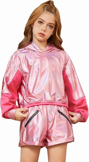 Jxstar Girls Metallic Hoodies Shiny Pullover Long Sleeve Sweatshirts Cropped Top Sparkly Club Wear Rave Disco Dance Outfits