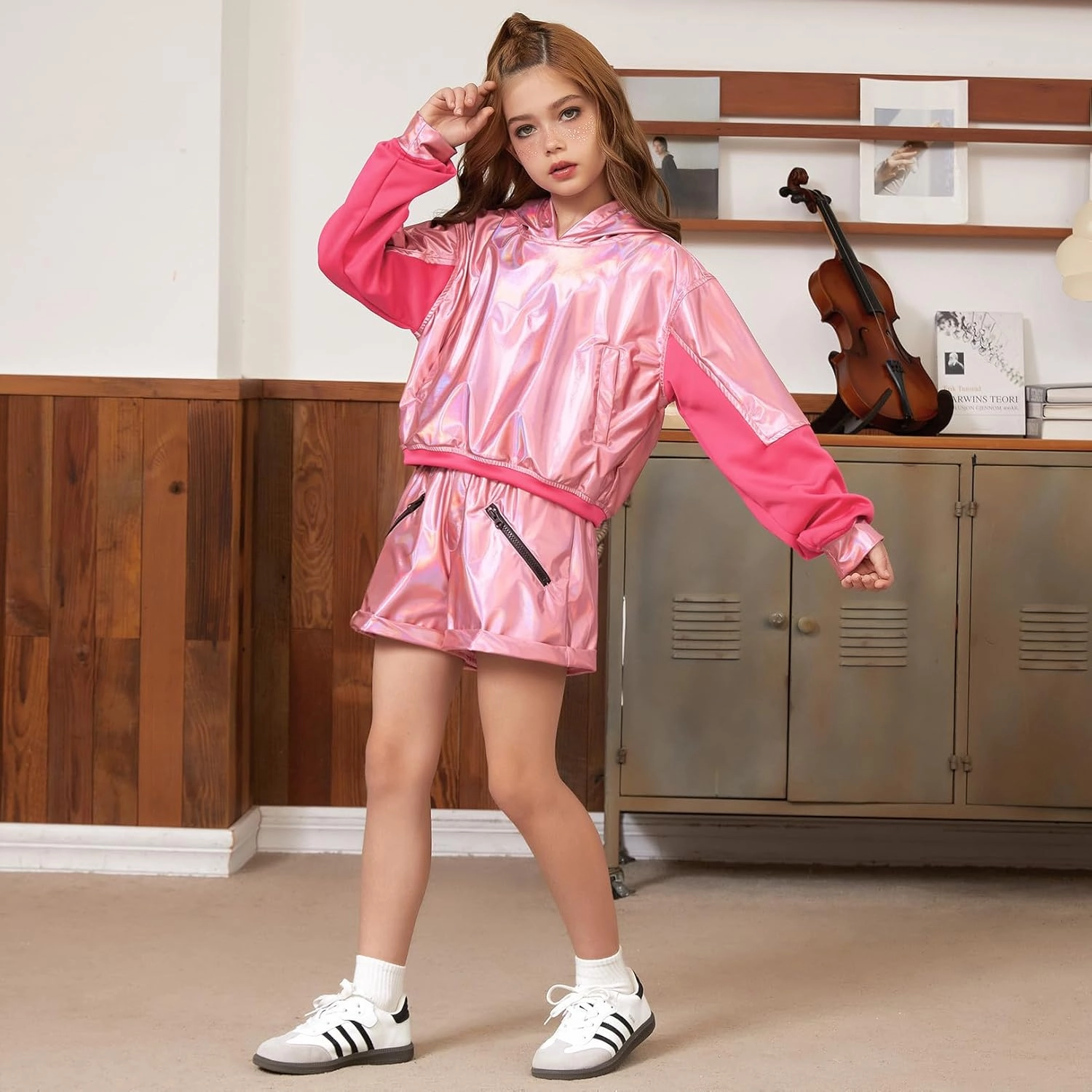 Jxstar Girls Metallic Hoodies Shiny Pullover Long Sleeve Sweatshirts Cropped Top Sparkly Club Wear Rave Disco Dance Outfits