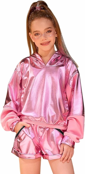 Jxstar Girls Metallic Hoodies Shiny Pullover Long Sleeve Sweatshirts Cropped Top Sparkly Club Wear Rave Disco Dance Outfits