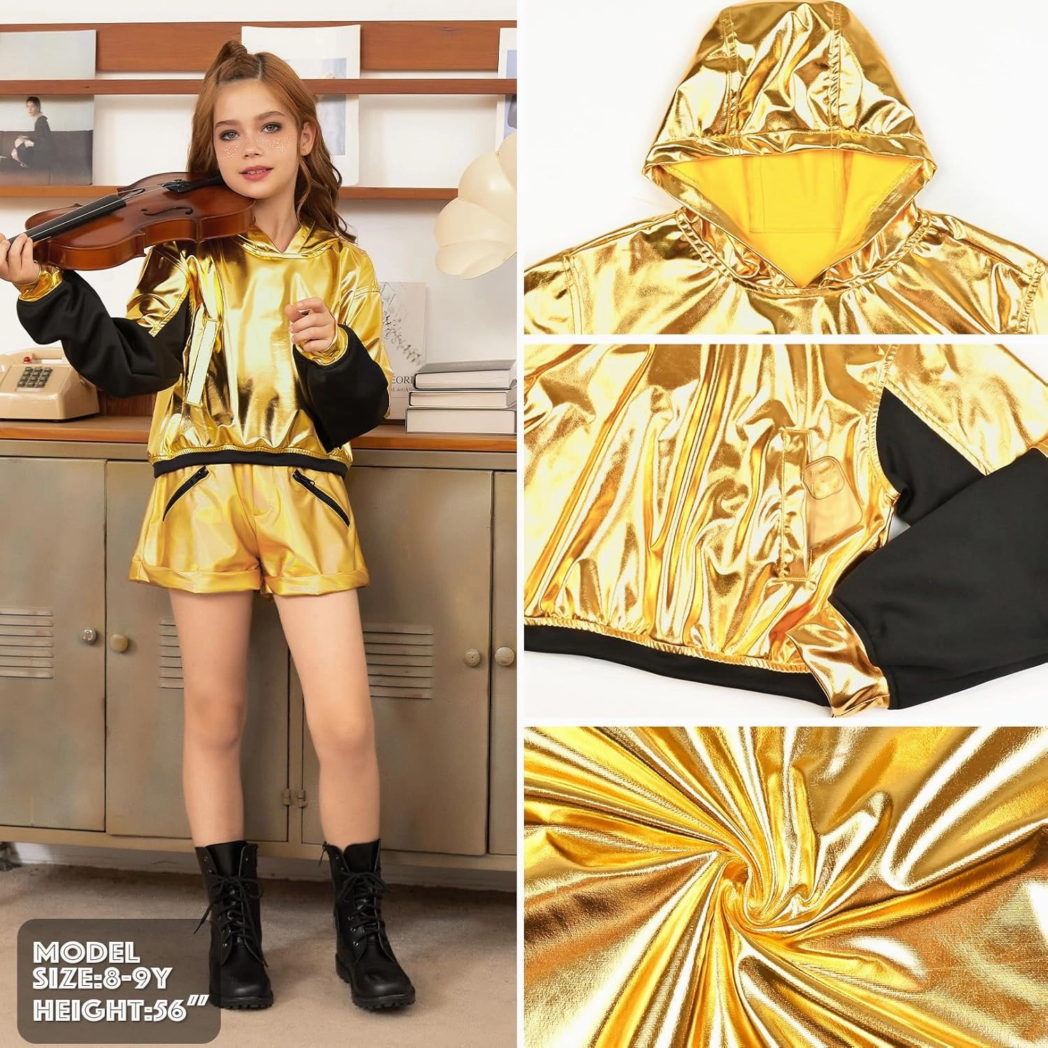 Jxstar Girls Metallic Hoodies Shiny Pullover Long Sleeve Sweatshirts Cropped Top Sparkly Club Wear Rave Disco Dance Outfits