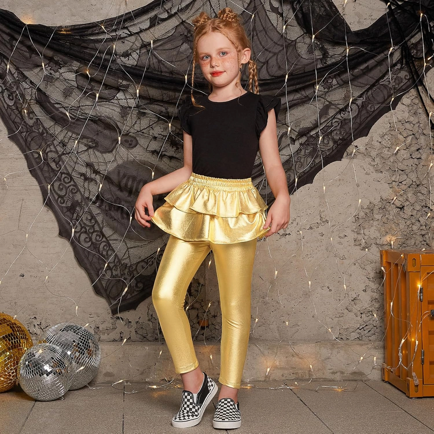 Jxstar Girls Metallic Leggings with Skirt Kids Shiny Sparkle Stretch Pants