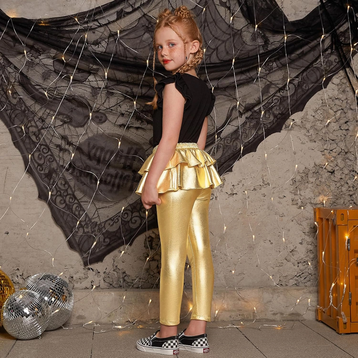 Jxstar Girls Metallic Leggings with Skirt Kids Shiny Sparkle Stretch Pants