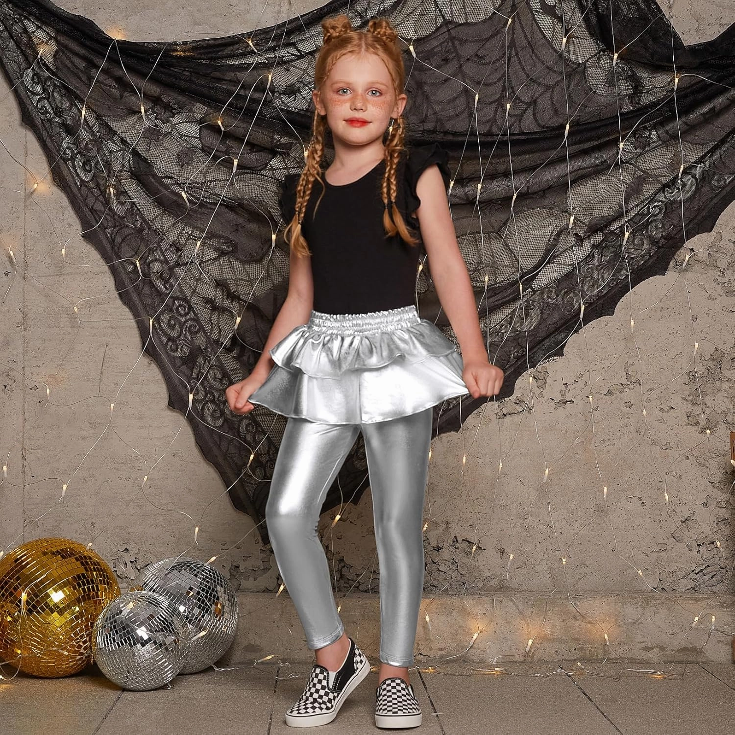 Jxstar Girls Metallic Leggings with Skirt Kids Shiny Sparkle Stretch Pants