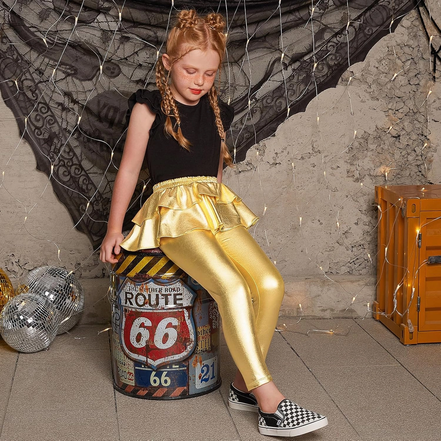 Jxstar Girls Metallic Leggings with Skirt Kids Shiny Sparkle Stretch Pants