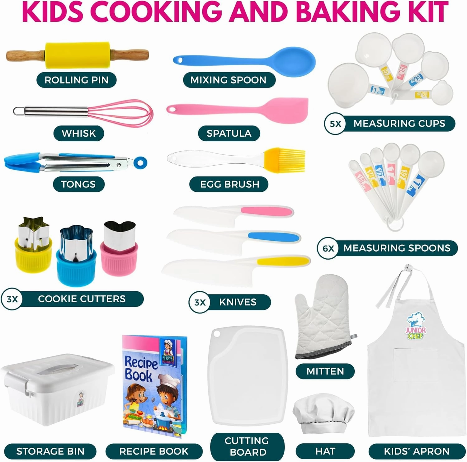 KEFF 30 Pcs Kids Kitchen Set for Cooking & Baking - Real Utensils with Kid Safe Cutting Board and Knife Set for Junior Chef. Montessori Kitchen Tools for Toddlers BPA-Free
