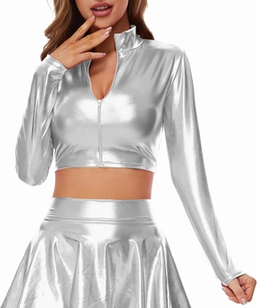 Kepblom Women's Metallic Crop Top Long Sleeve Mock Neck Turtleneck Holographic Zip Up Blouses