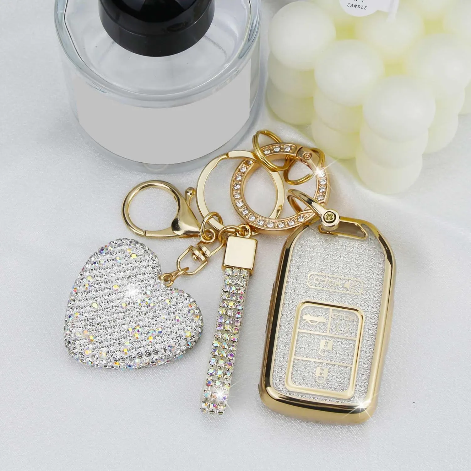 Key Fob Cover with Diamond Keychain Car Key Holder Case Compatible with 2016-2022 Honda Accord Civic CRV Pilot Ridgeline Passport Smart Remote Key Protector for Women, 5 Buttons (White-Heart)