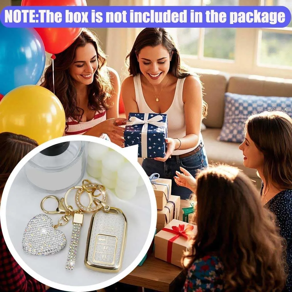 Key Fob Cover with Diamond Keychain Car Key Holder Case Compatible with 2016-2022 Honda Accord Civic CRV Pilot Ridgeline Passport Smart Remote Key Protector for Women, 5 Buttons (White-Heart)