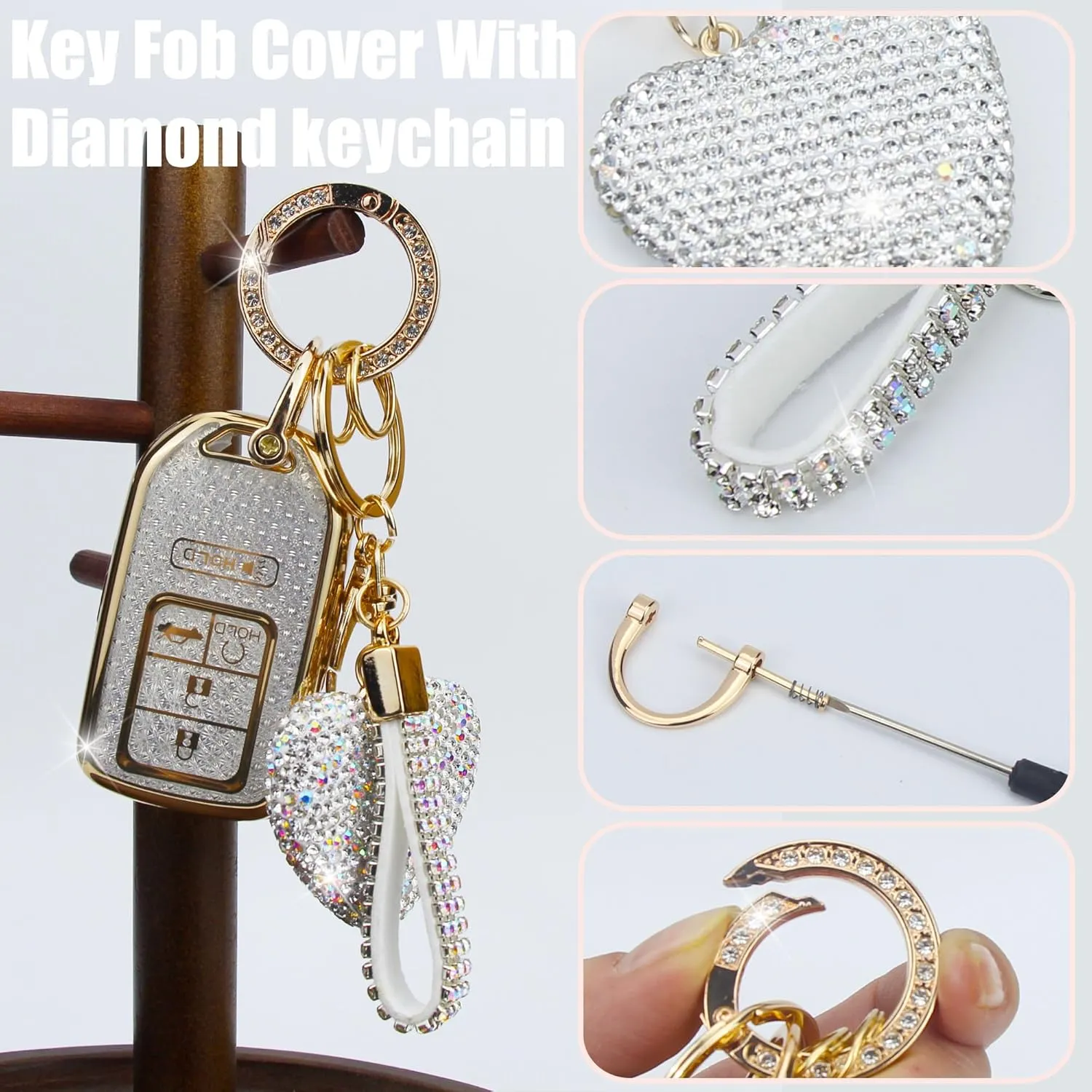 Key Fob Cover with Diamond Keychain Car Key Holder Case Compatible with 2016-2022 Honda Accord Civic CRV Pilot Ridgeline Passport Smart Remote Key Protector for Women, 5 Buttons (White-Heart)