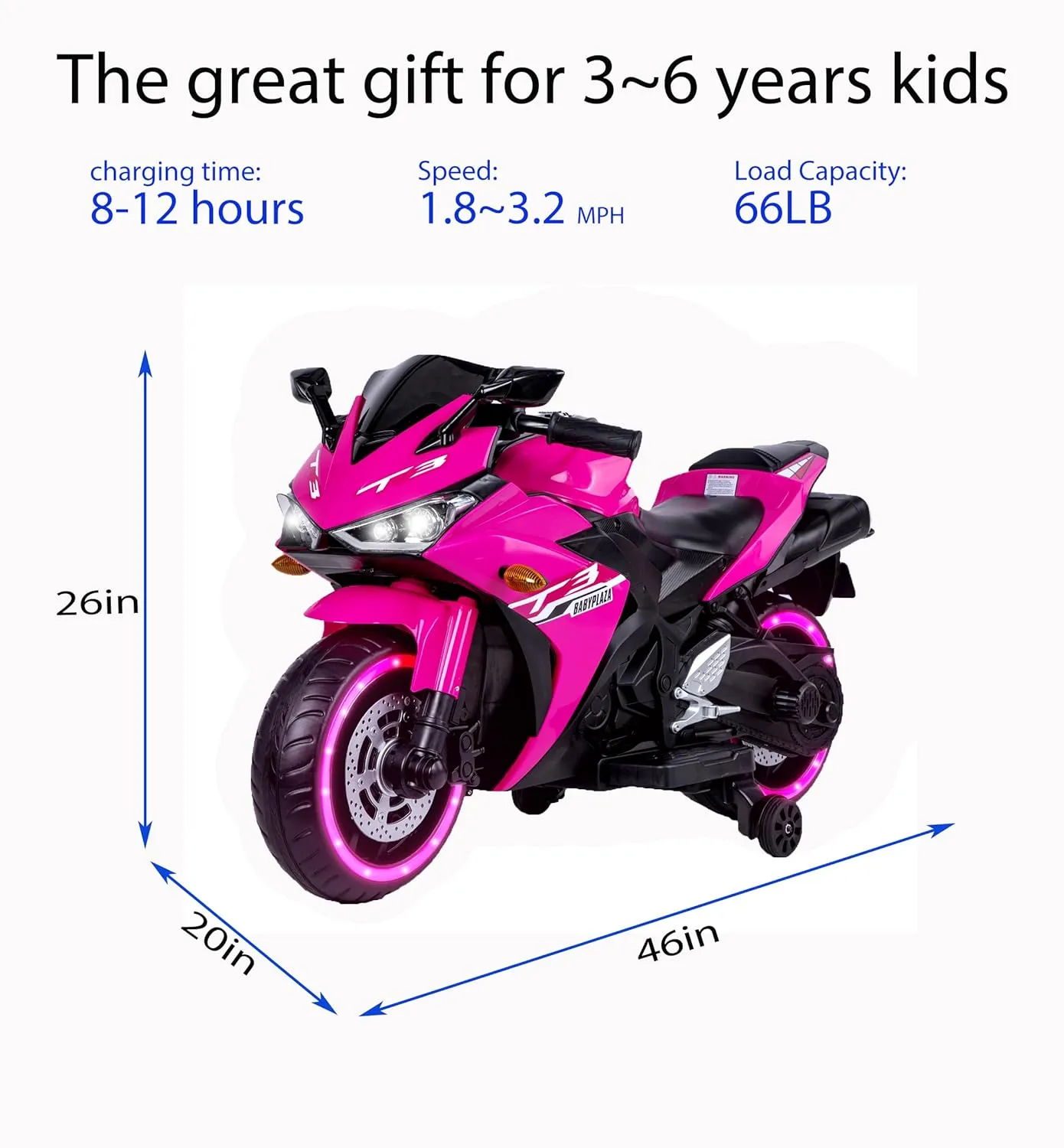 Kids Electric Motorcycle with Trainning Wheels for 3-8 Years(43-59in), Boys Girls Ride on Electric Motorbike, Light Wheels Hand Drive for Child Motorized Toys Gift, Pink