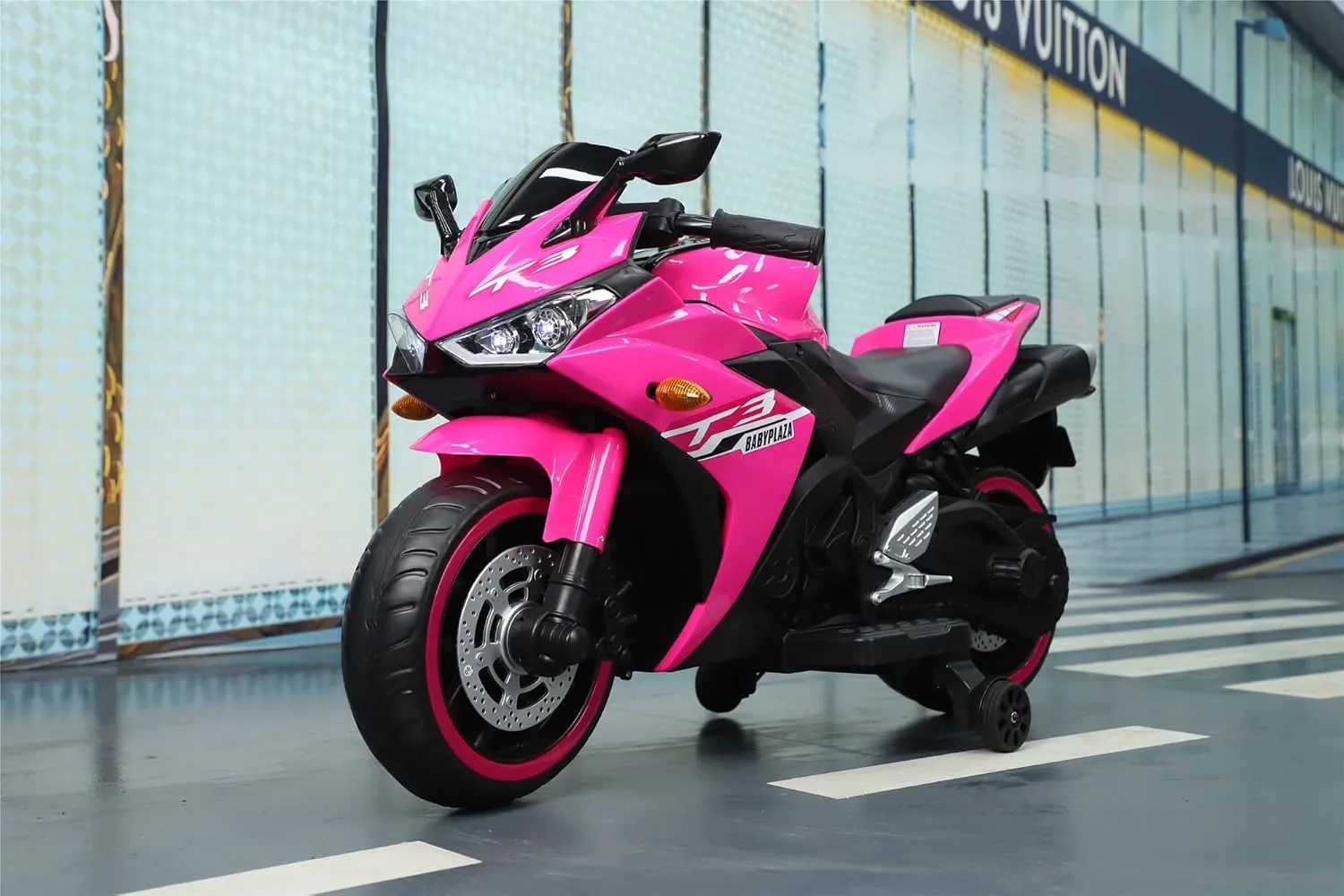 Kids Electric Motorcycle with Trainning Wheels for 3-8 Years(43-59in), Boys Girls Ride on Electric Motorbike, Light Wheels Hand Drive for Child Motorized Toys Gift, Pink