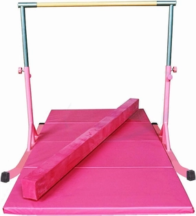 Kids Gymnastics Horizontal Kip Bar with 6 FT x 4 FT Tumble Mat and Balance Beam Full Set, Adjustable 3 to 5 FT Gymnastic Junior Training Bar for Gymnasts Children, Fiberglass Rail (Pink)