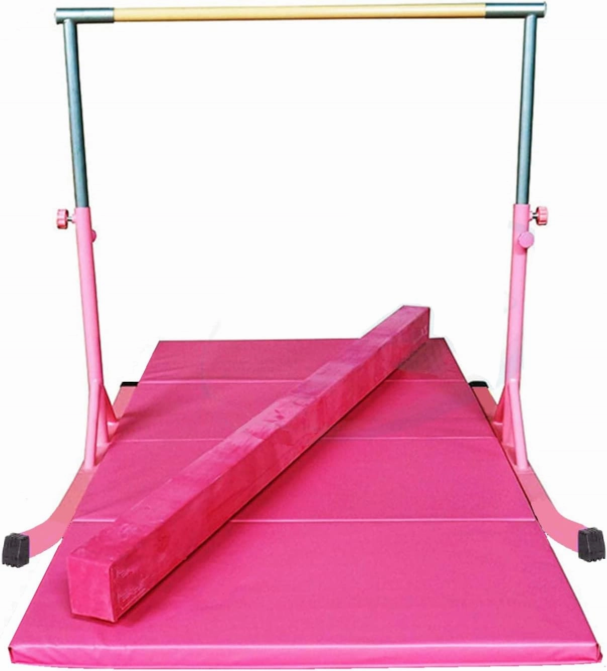 Kids Gymnastics Horizontal Kip Bar with 6 FT x 4 FT Tumble Mat and Balance Beam Full Set, Adjustable 3 to 5 FT Gymnastic Junior Training Bar for Gymnasts Children, Fiberglass Rail (Pink)